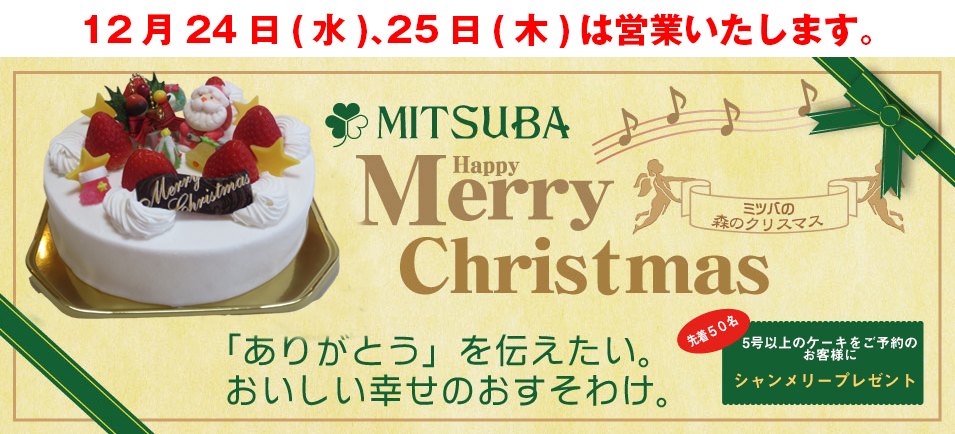 メリークリスマス クリスマスケーキ「ありがとう」を伝えたい。おいしい幸せのおすそわけ。12月23日(月)~25日(水)は営業いたします。